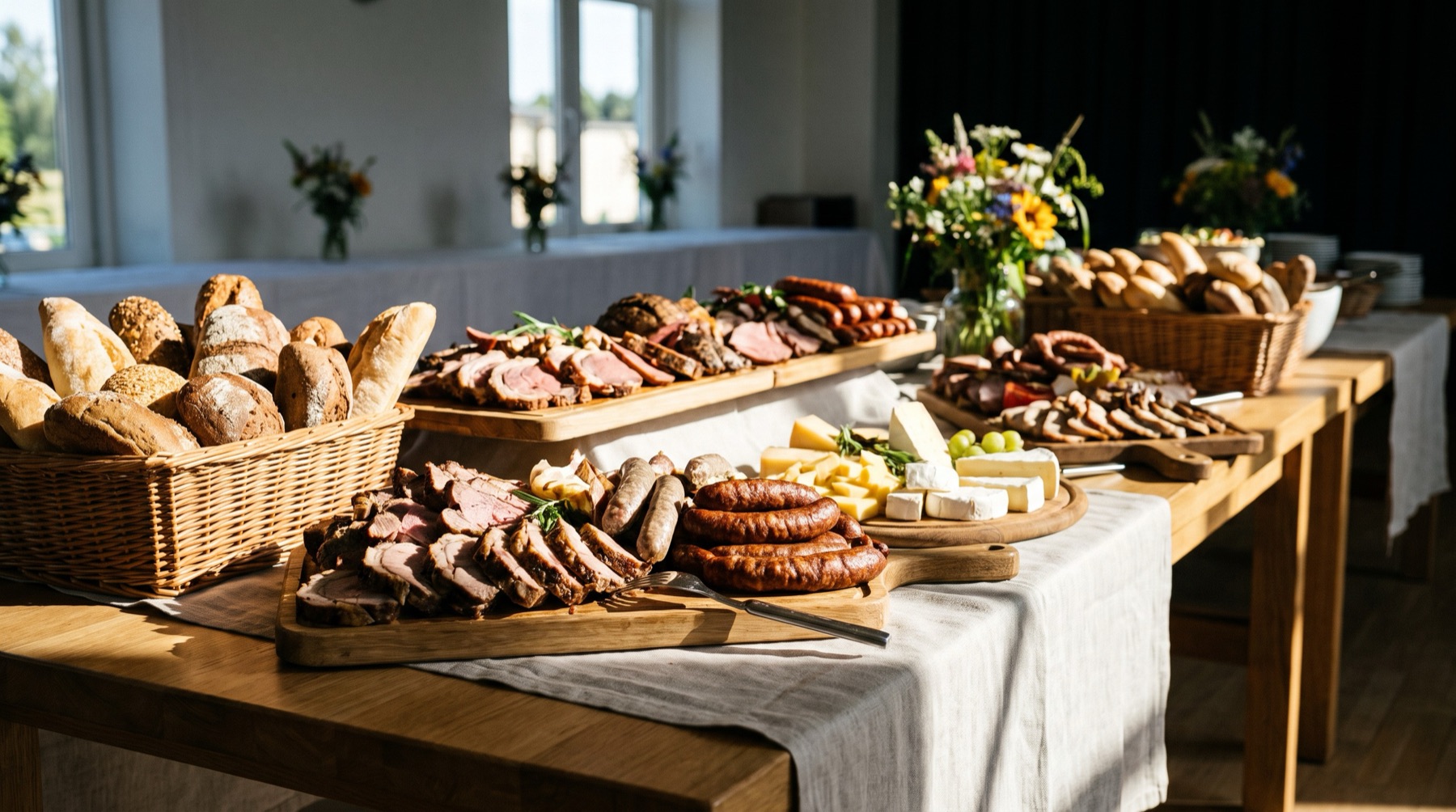 Festliches Buffet mit Braten, Wurst- und Käseplatten
