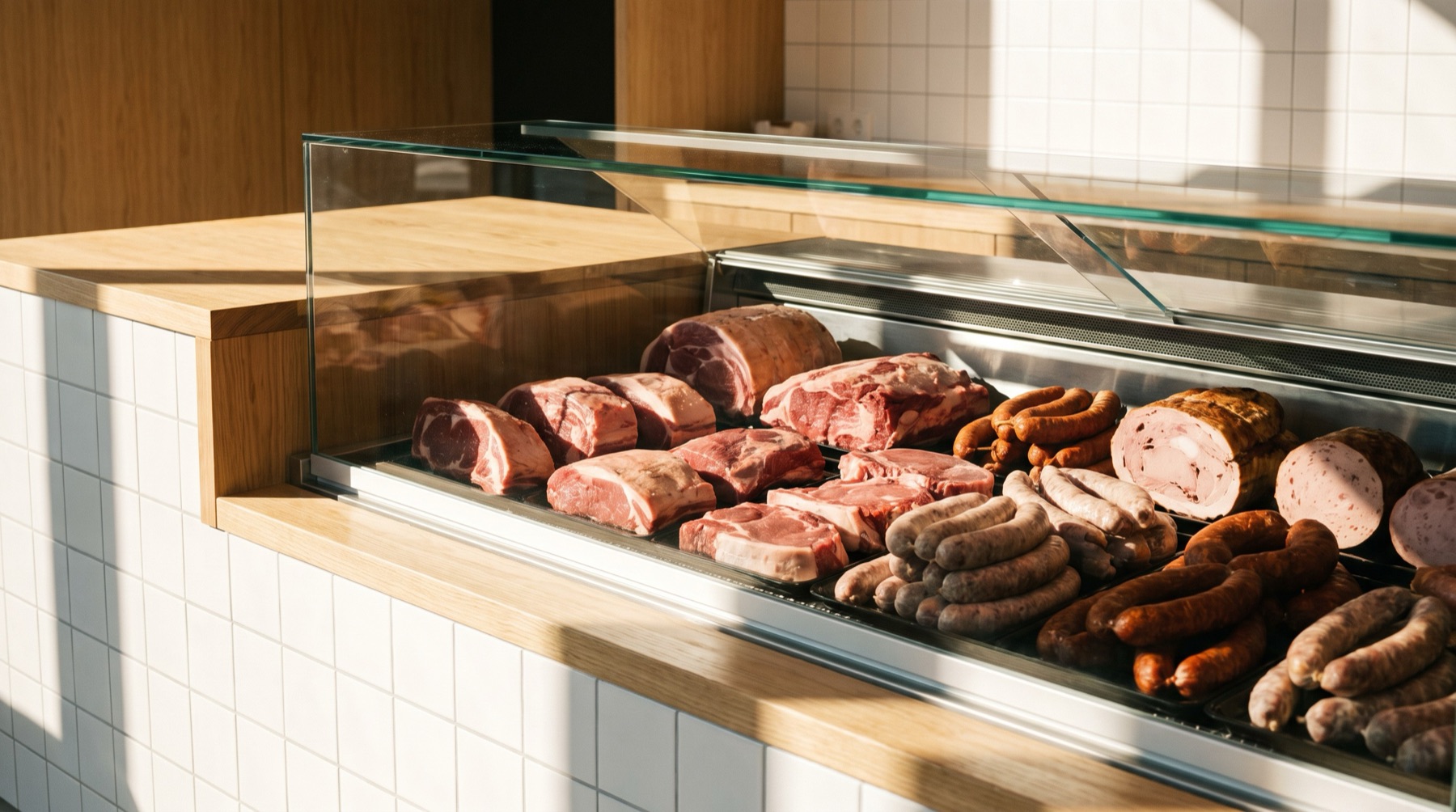 Verkaufstheke der Metzgerei mit frischem Fleisch und hausgemachter Wurst